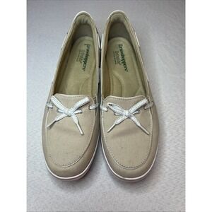 Grasshoppers Shoe Taupe White Bow Trim Size 10 Flats‎ Ortholite Slip On Women's